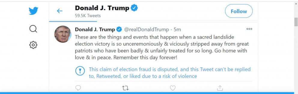 PHOTO: Video post from the Twitter account of President Donald Trump calling for peace in protest of "stolen election" on the afternoon of Jan. 6, 2021.