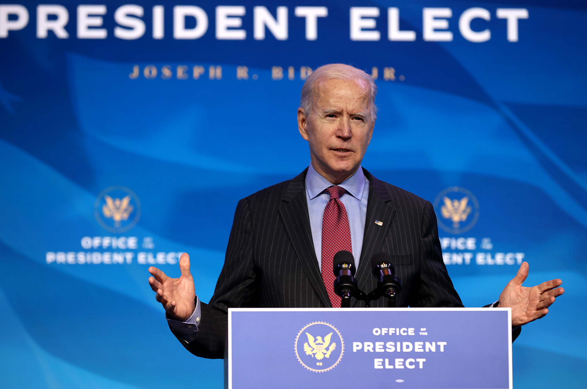 PHOTO: President-elect Joe Biden delivers remarks before announcing members of his cabinet that will round out his economic team in Wilmington, Del., Jan. 8, 2021.