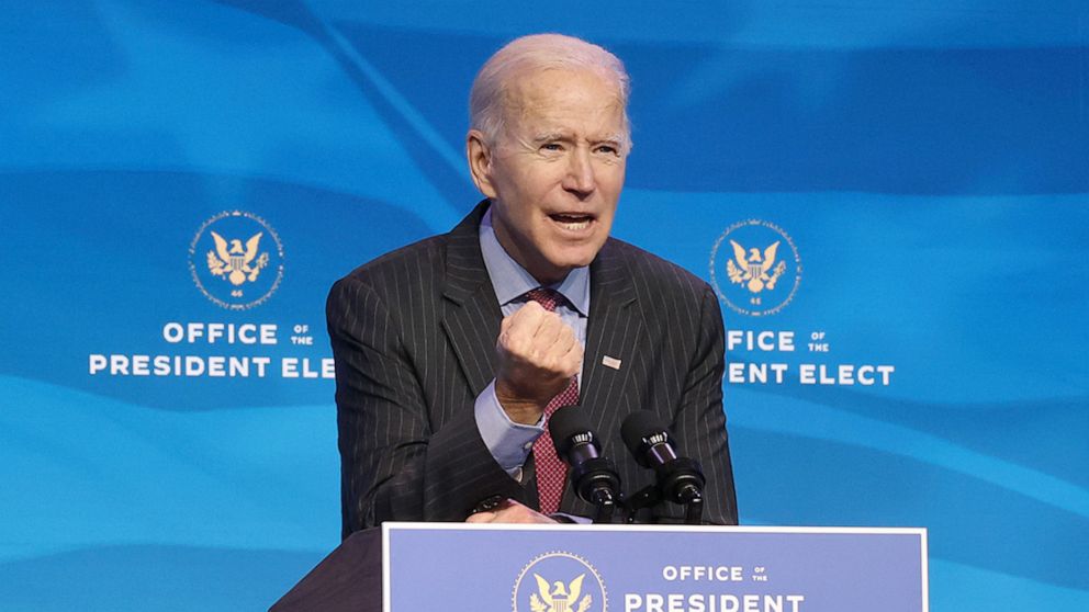 PHOTO: President-elect Joe Biden delivers remarks before announcing members of his cabinet that will round out his economic team in Wilmington, Del., Jan. 8, 2021.