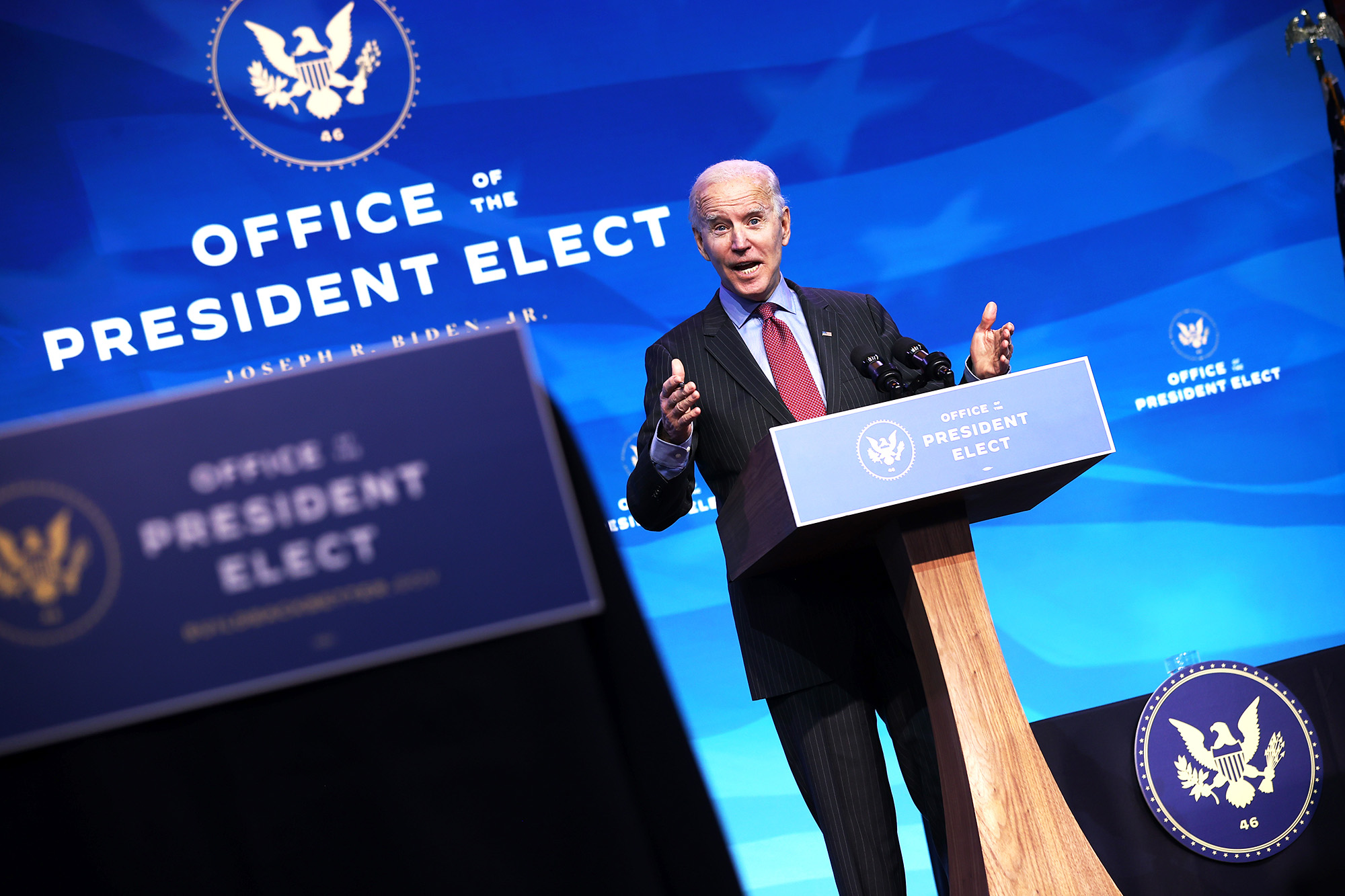 PHOTO:  President-elect Joe Biden delivers remarks after he announced cabinet nominees that will round out his economic team, including secretaries of commerce and labor, at The Queen theater in Wilmington, Del., Jan. 8, 2021.