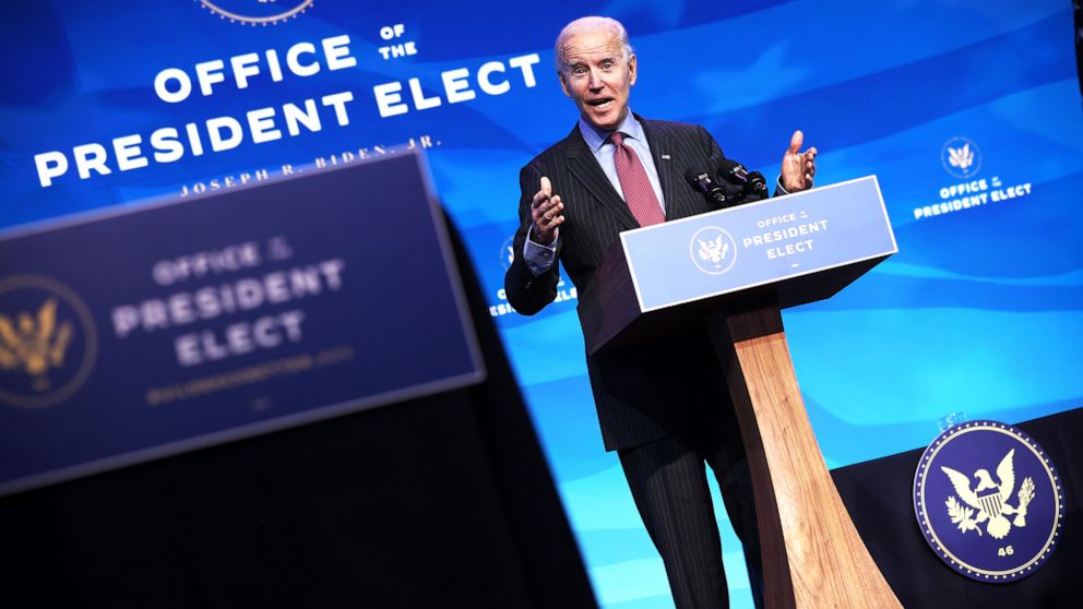 PHOTO:  President-elect Joe Biden delivers remarks after he announced cabinet nominees that will round out his economic team, including secretaries of commerce and labor, at The Queen theater in Wilmington, Del., Jan. 8, 2021.