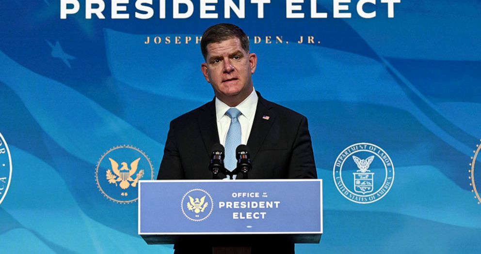 PHOTO: Boston Mayor Marty Walsh, nominee for Secretary of Labor, speaks after being nominated by President-elect Joe Biden in Wilmington, Del., Jan. 8, 2021.