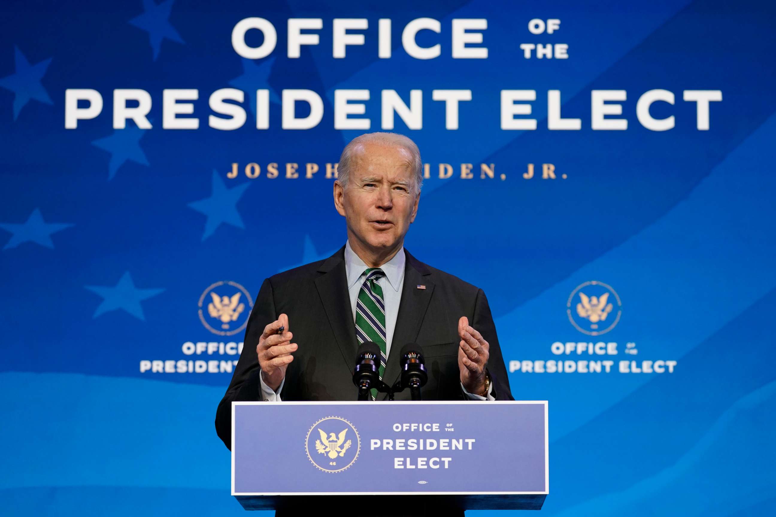 PHOTO:President-elect Joe Biden speaks during an event at The Queen theater in Wilmington, Del., Jan. 16, 2021.