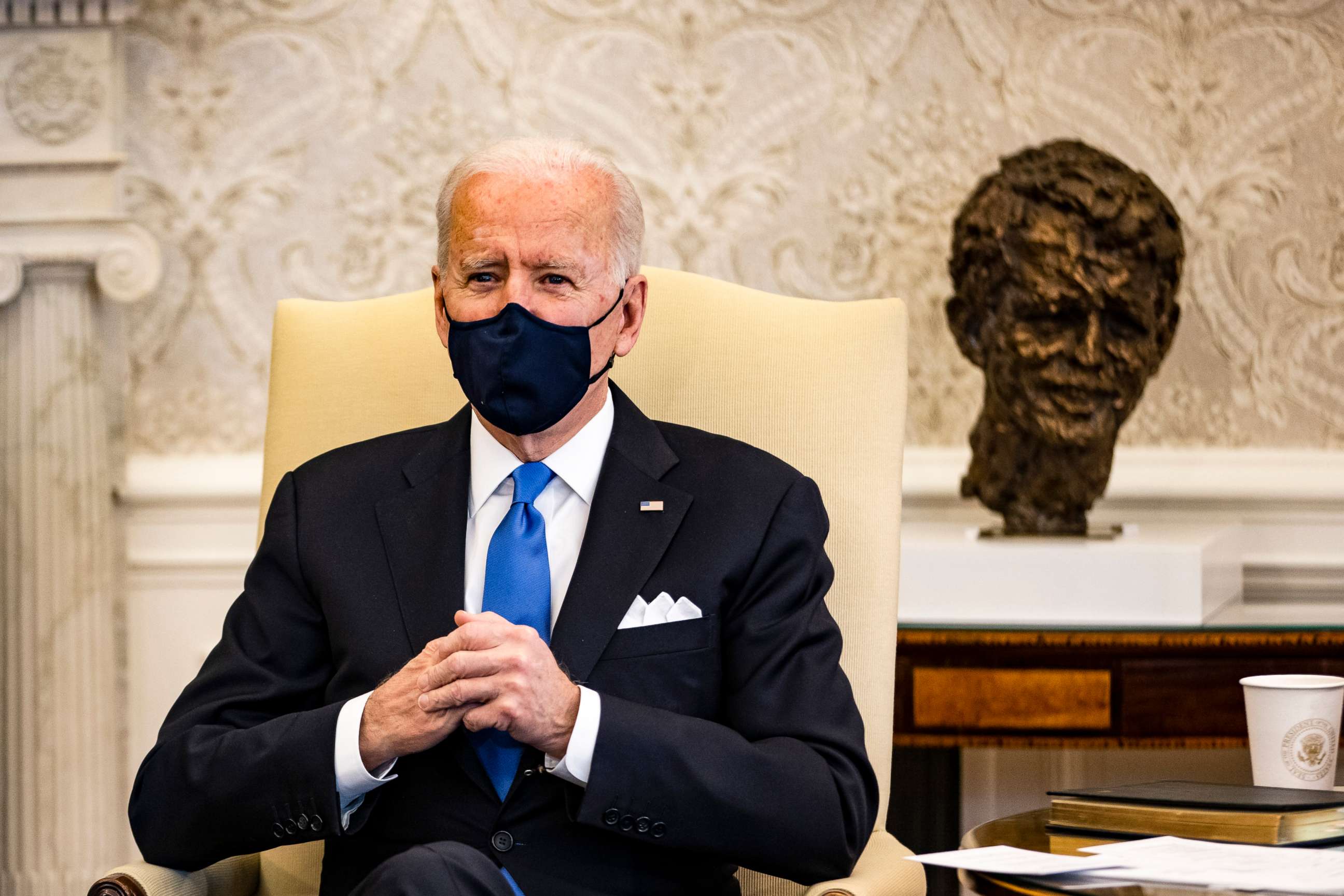 PHOTO: President Joe Biden holds a meeting on cancer with Vice President Kamala Harris and other lawmakers in the Oval Office at the White House on March 3, 2021.