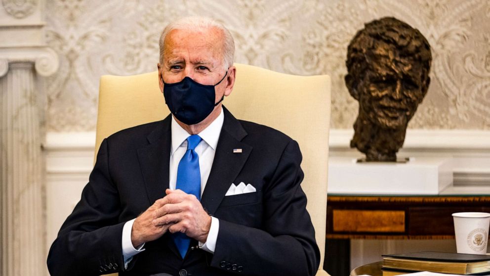 PHOTO: President Joe Biden holds a meeting on cancer with Vice President Kamala Harris and other lawmakers in the Oval Office at the White House on March 3, 2021.