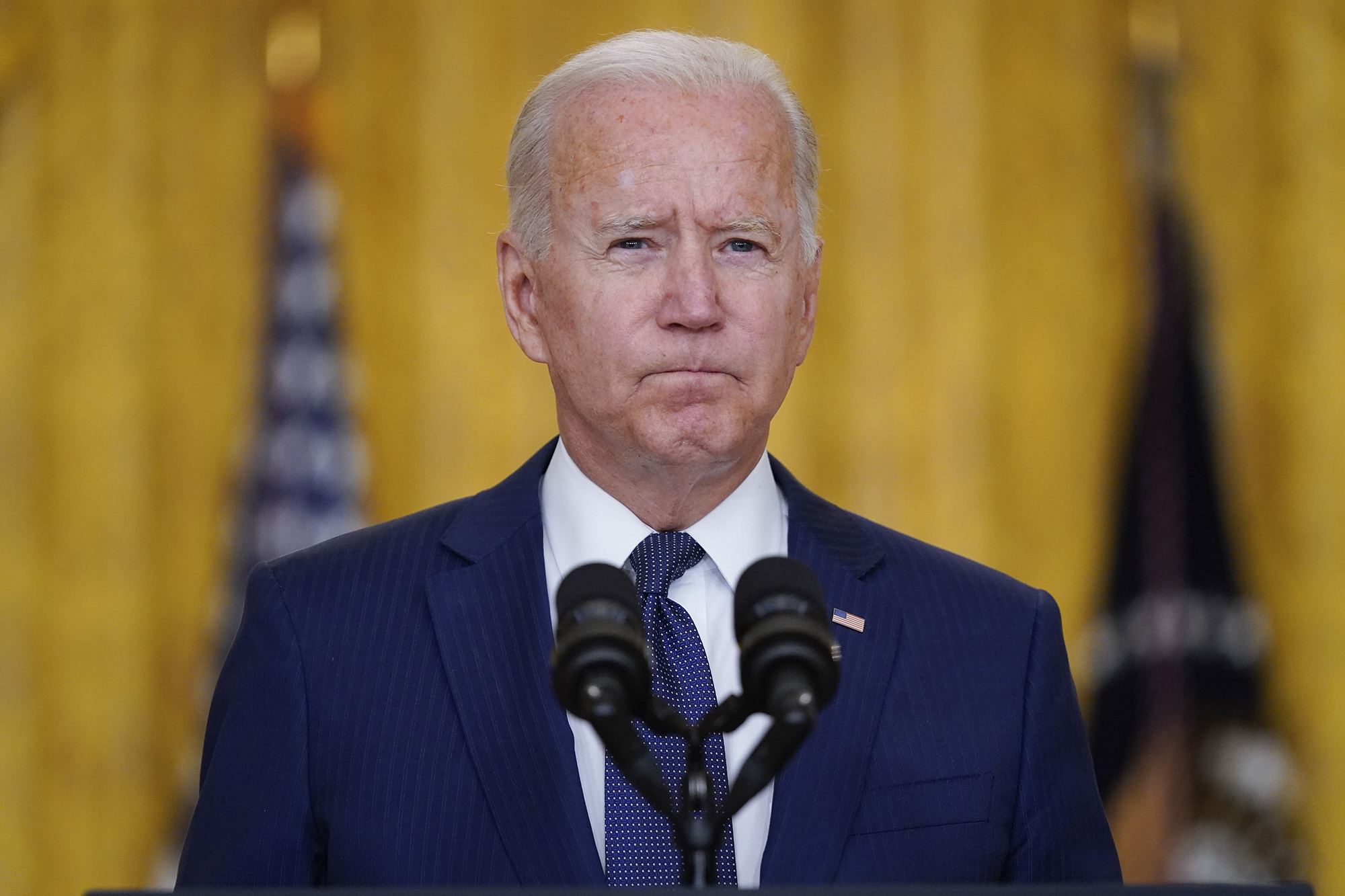 PHOTO: President Joe Biden speaks about the bombings at the Kabul airport from the East Room of the White House, Aug. 26, 2021.