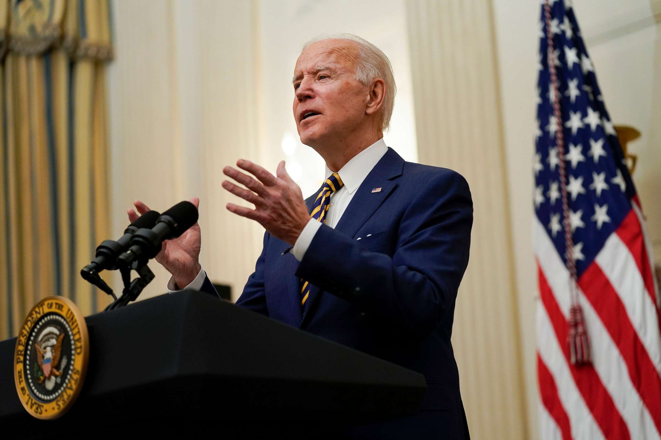 PHOTO: President Joe Biden delivers remarks on the economy in the State Dining Room of the White House in Washington, Jan. 22, 2021.