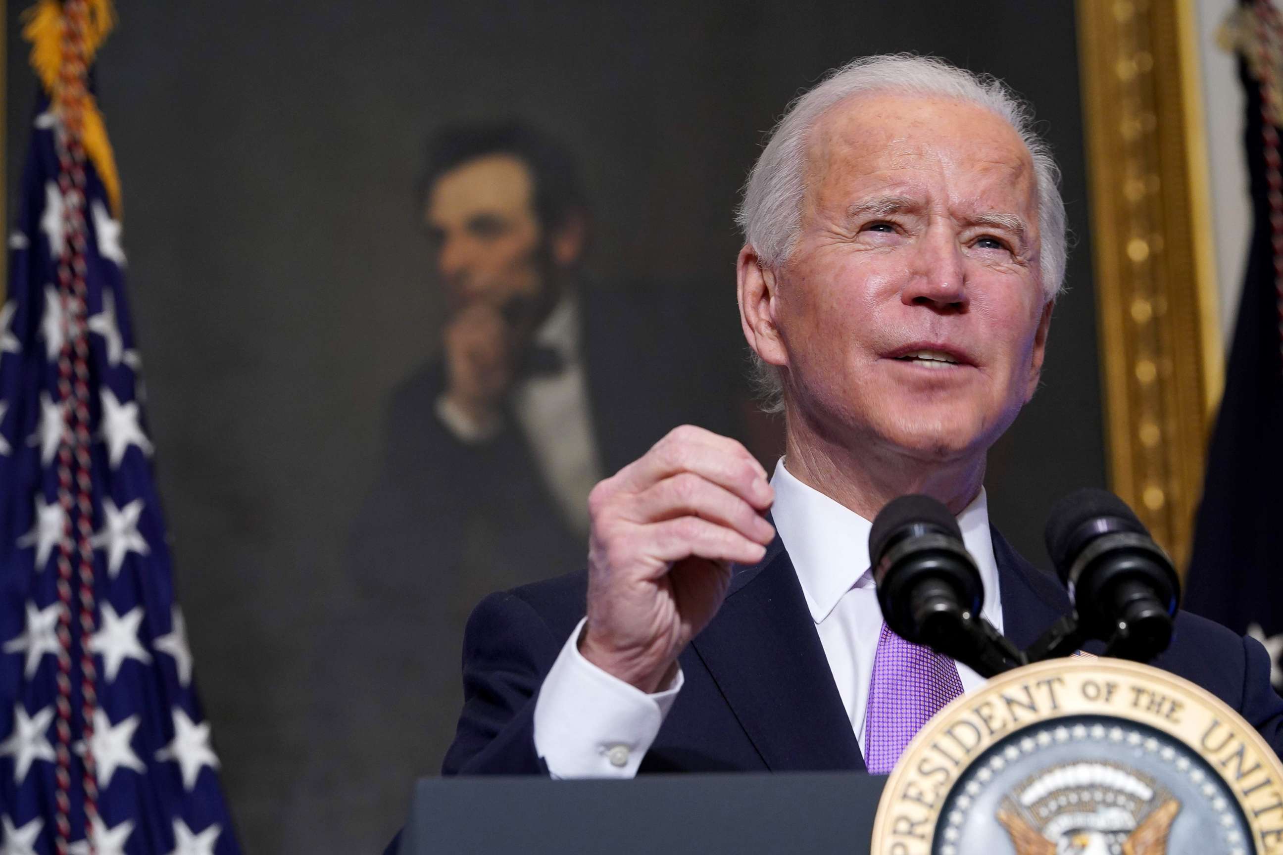 PHOTO: President Joe Biden speaks on Covid-19 response in the State Dining Room of the White House in Washington, Jan. 26, 2021. 