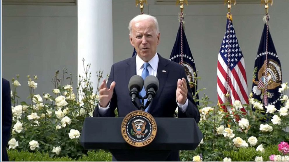 PHOTO: President Joe Biden delivers remarks on Covid-19 response from the Rose garden of the White House in Washington, May 13, 2021.