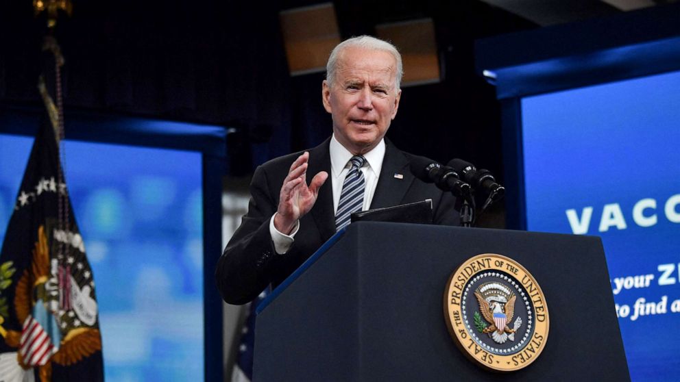 PHOTO: President Joe Biden delivers remarks on Covid-19 response and the vaccination program, from the South Court Auditorium of the White House, Washington, May 12, 2021. 