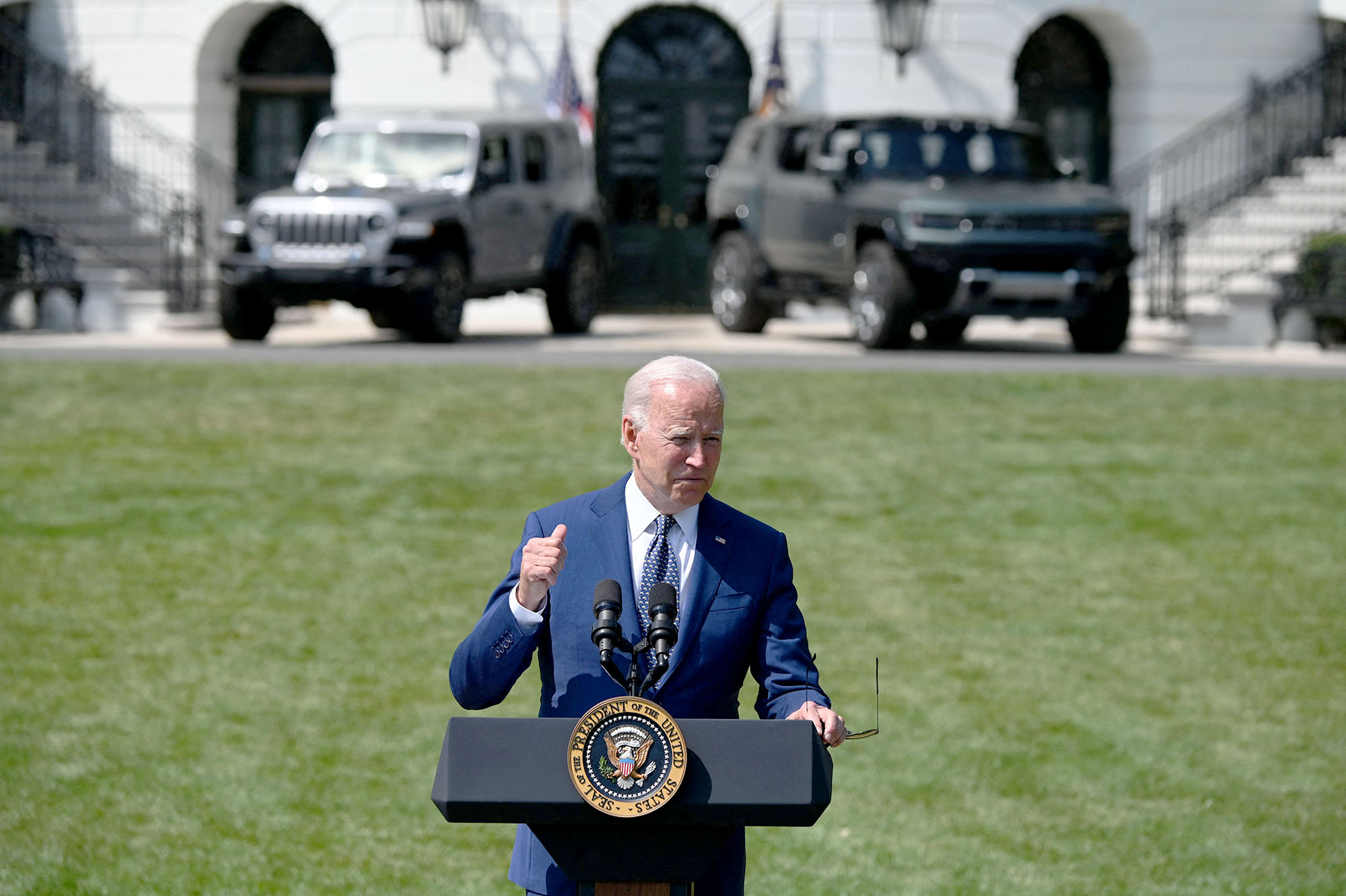 PHOTO: President Joe Biden delivers remarks on the steps his Administration is taking to strengthen American leadership on clean cars and trucks on the South Lawn of the White House,  Aug. 5, 2021. 