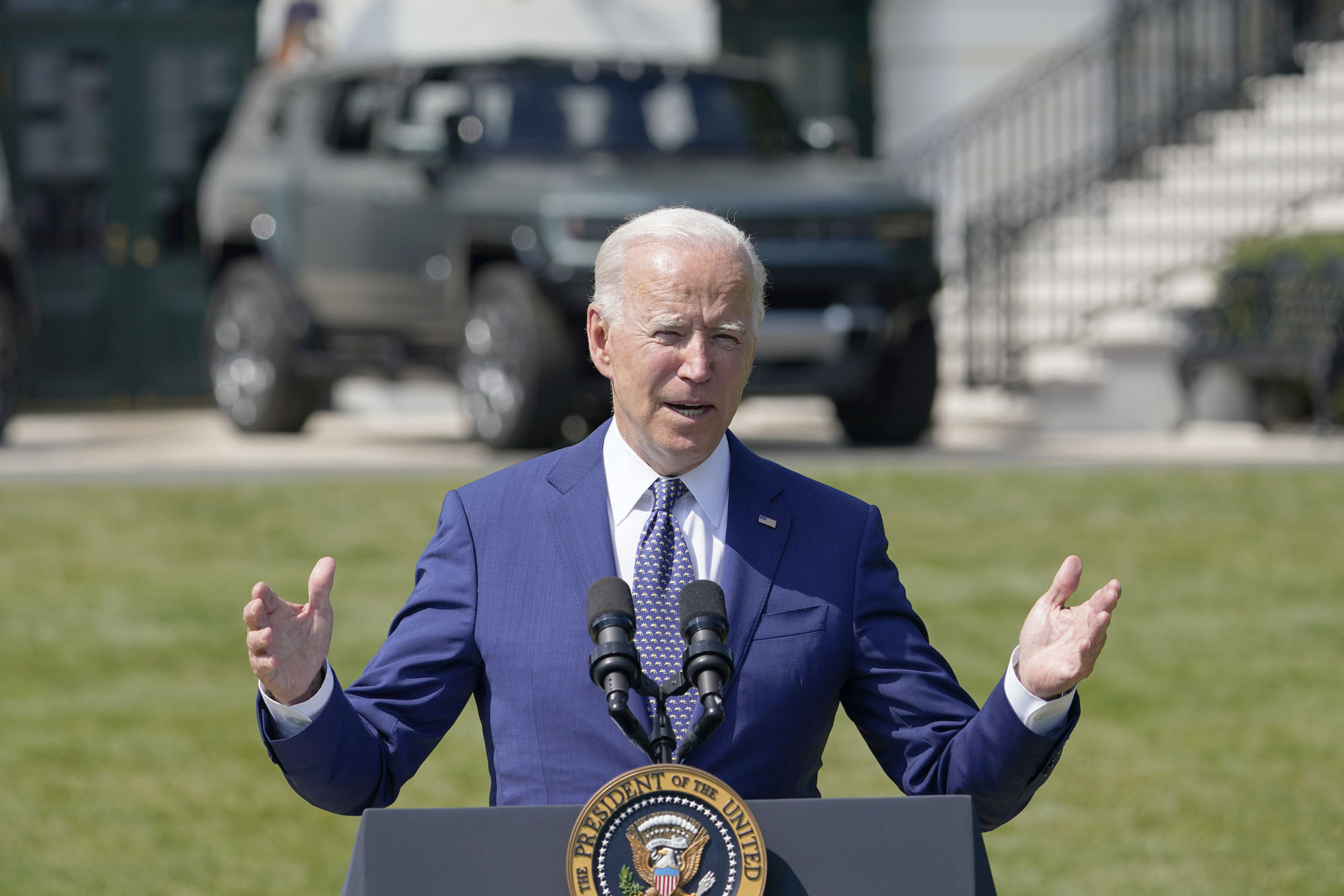 PHOTO: President Joe Biden speaks during an event on clean cars and trucks on the South Lawn of the White House in Washington, Aug. 5, 2021. 