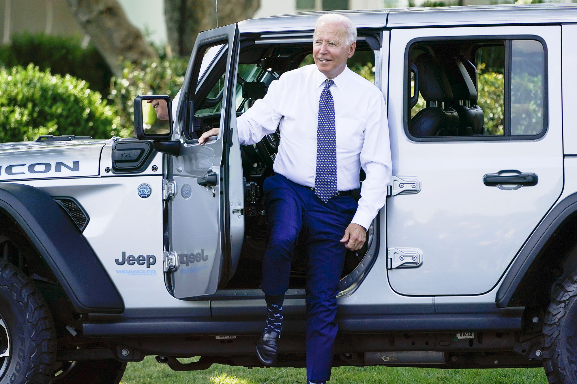 PHOTO: President Joe Biden gets into Jeep Wrangler 4ex Rubicon on the South Lawn of the White House during an event on clean cars and trucks in Washington, Aug. 5, 2021.