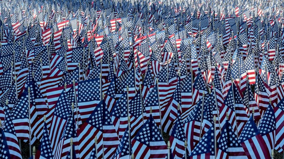PHOTO: The National Mall in Washington is filled with decorative flags on Jan. 19, 2021.