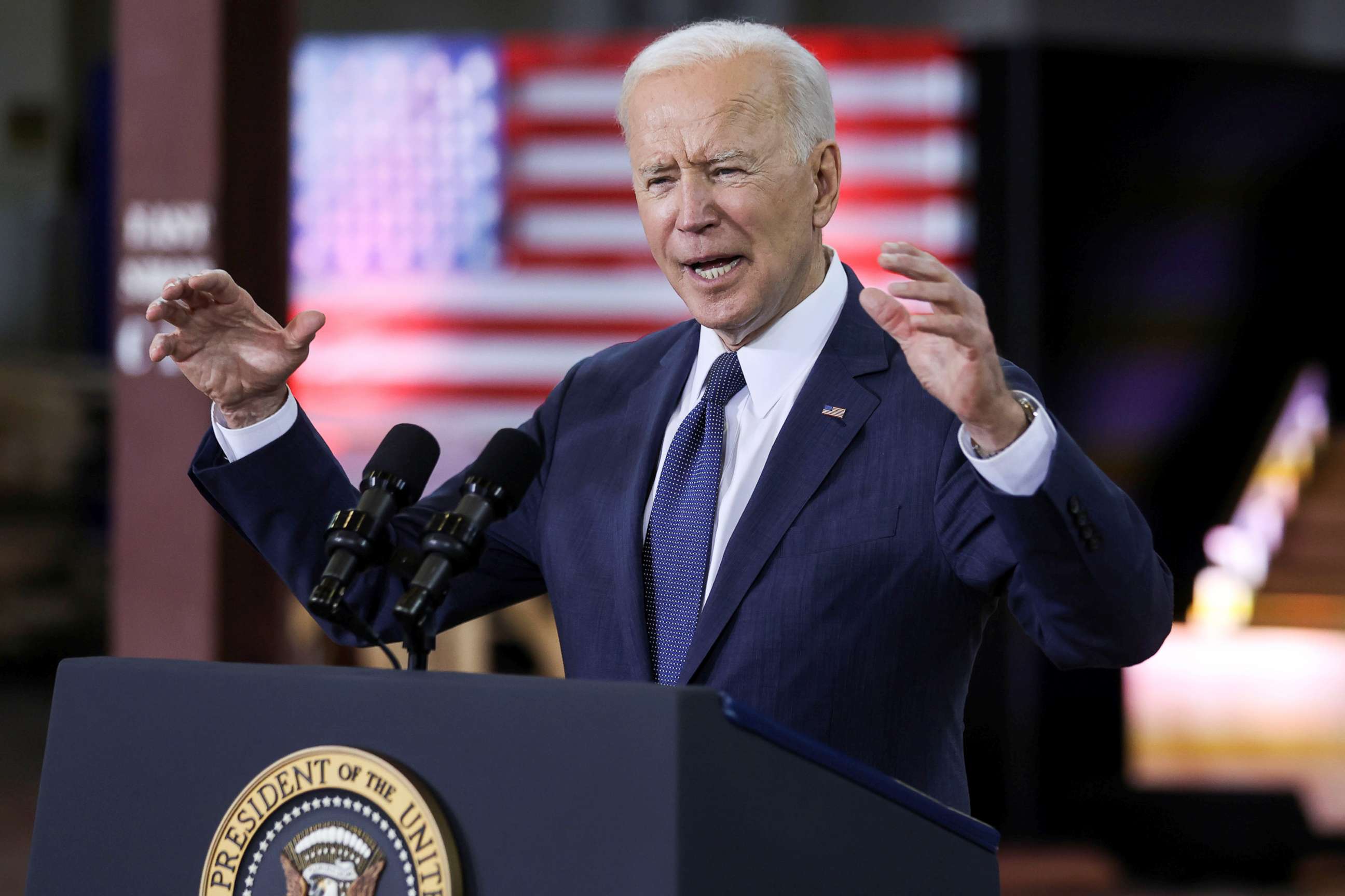 PHOTO: President Joe Biden speaks about his $2 trillion infrastructure plan during an event to tout the plan at Carpenters Pittsburgh Training Center in Pittsburgh, March 31, 2021.