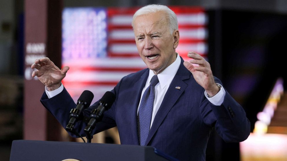 PHOTO: President Joe Biden speaks about his $2 trillion infrastructure plan during an event to tout the plan at Carpenters Pittsburgh Training Center in Pittsburgh, March 31, 2021.