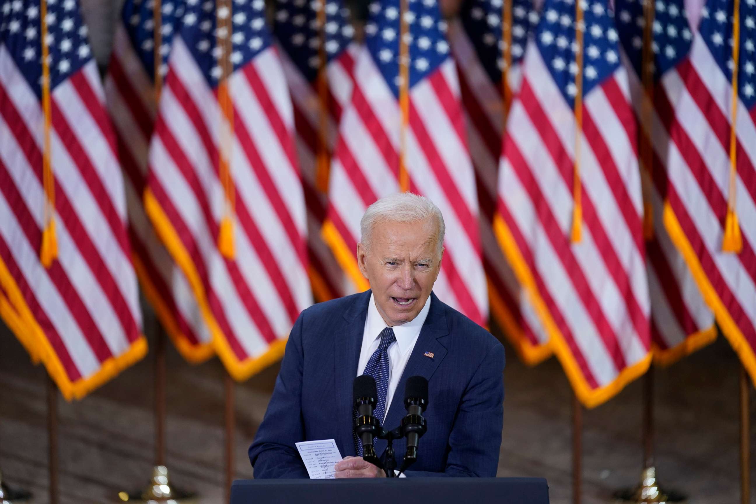 PHOTO: President Joe Biden delivers a speech on infrastructure spending at Carpenters Pittsburgh Training Center, March 31, 2021.