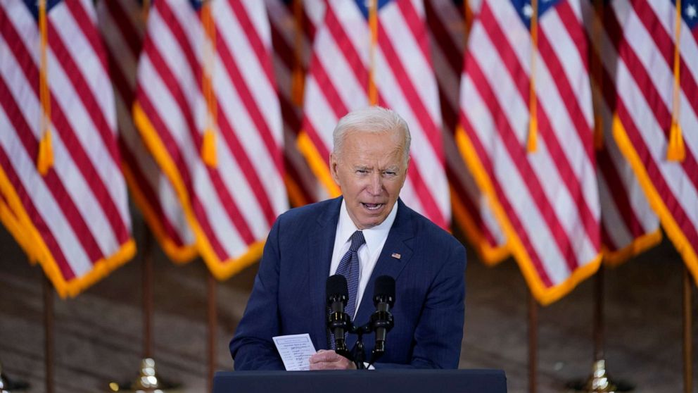 PHOTO: President Joe Biden delivers a speech on infrastructure spending at Carpenters Pittsburgh Training Center, March 31, 2021.