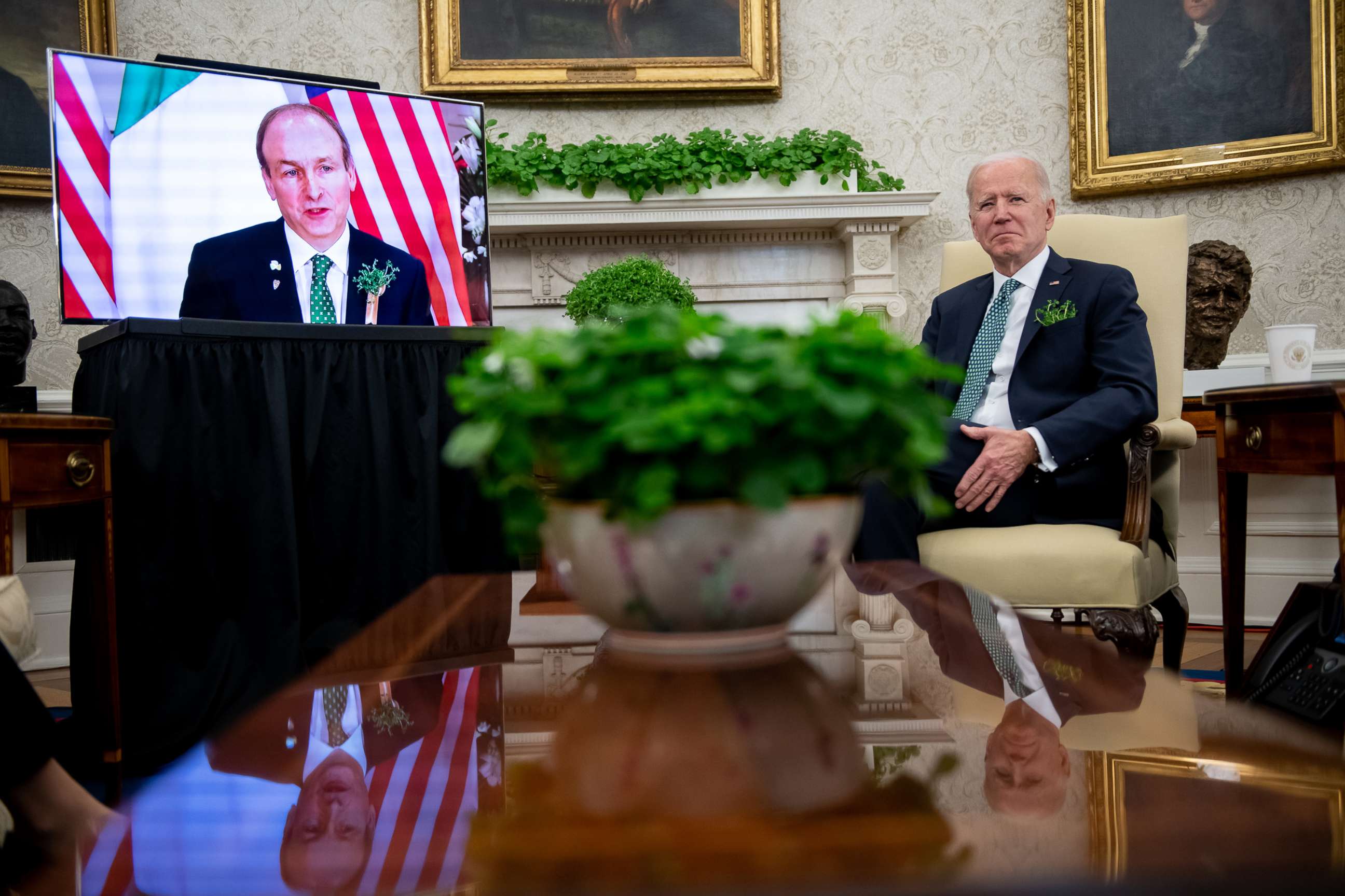 PHOTO: President Joe Biden listens during a virtual meeting with Irish Prime Minister Micheal Martin in the Oval Office of the White House, March 17, 2021. 