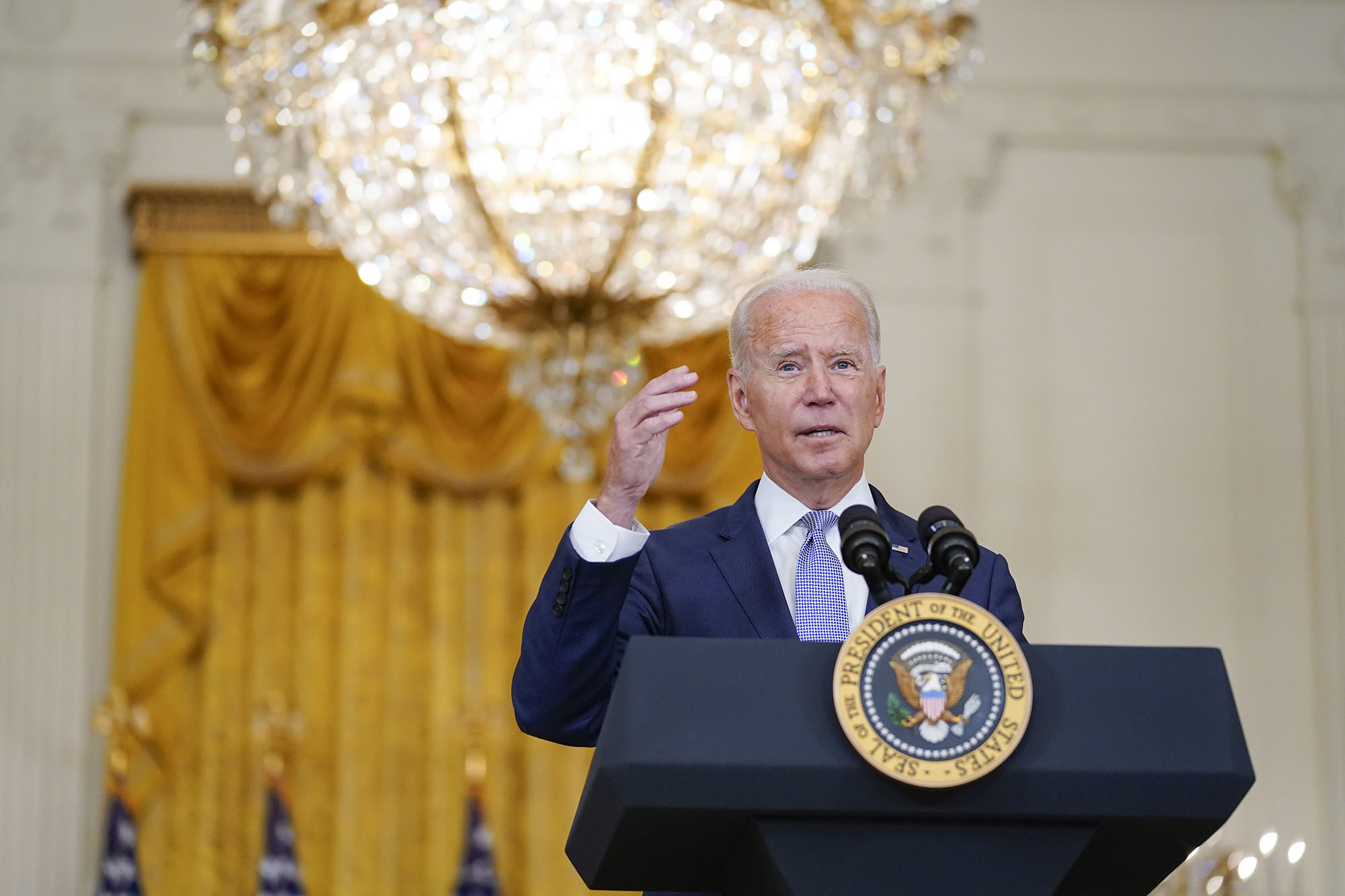 PHOTO: President Joe Biden speaks about prescription drug prices and his "Build Back Better" agenda from the East Room of the White House, Aug. 12, 2021.