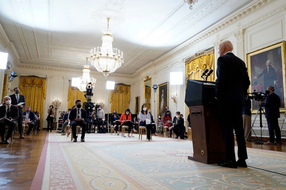 PHOTO: President Joe Biden speaks during a news conference in the East Room of the White House, March 25, 2021. 