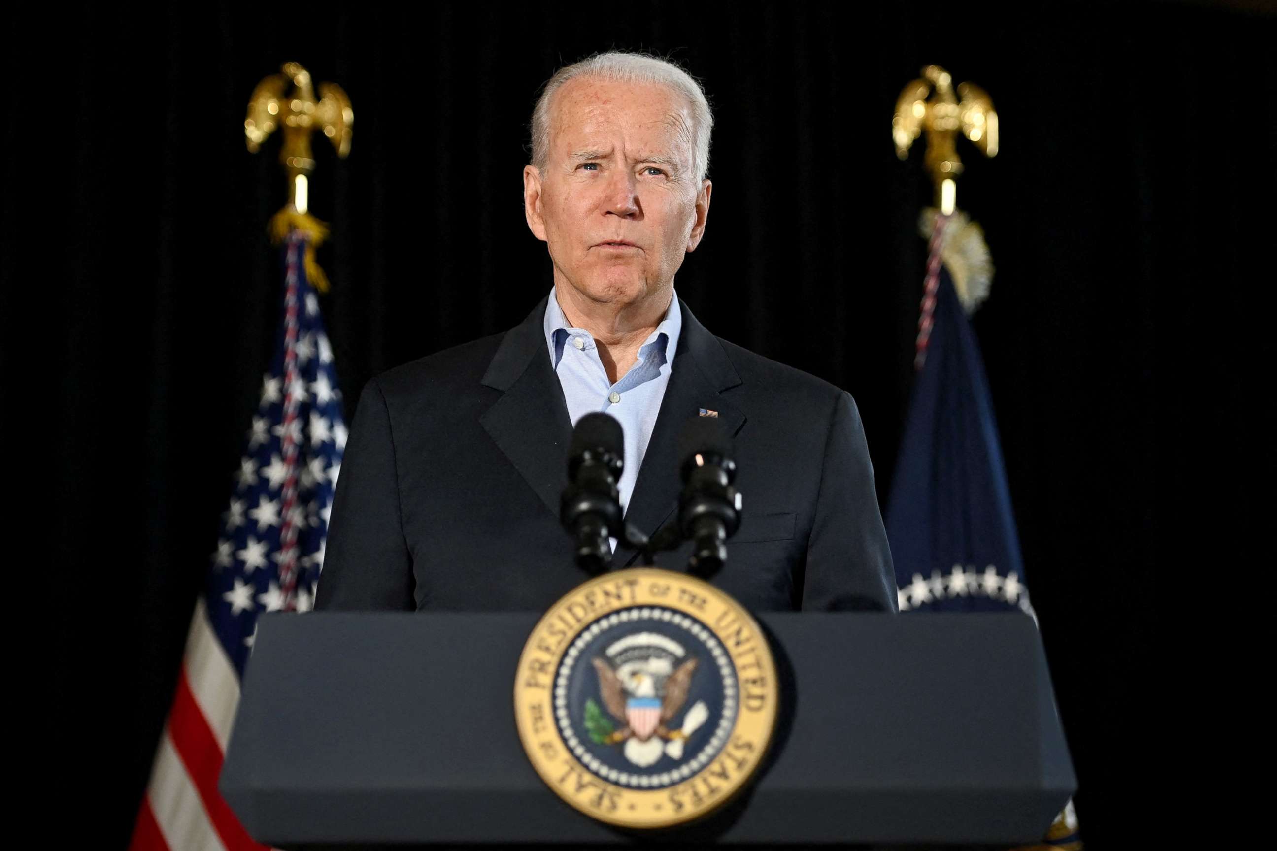 PHOTO: President Joe Biden speaks about the collapse of the 12-story Champlain Towers South condo building last week in Surfside, Florida, following a meeting with families of victims in Miami, Fla., July 1, 2021. 