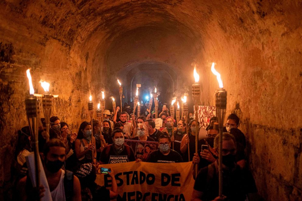 PHOTO: People led by the activist group, Feminist Collective, protest to demand Governor Wanda Vazquez to declare a state of emergency in response to recent gender based violence and the disappearance of women in San Juan, Puerto Rico on Sept. 28, 2020.