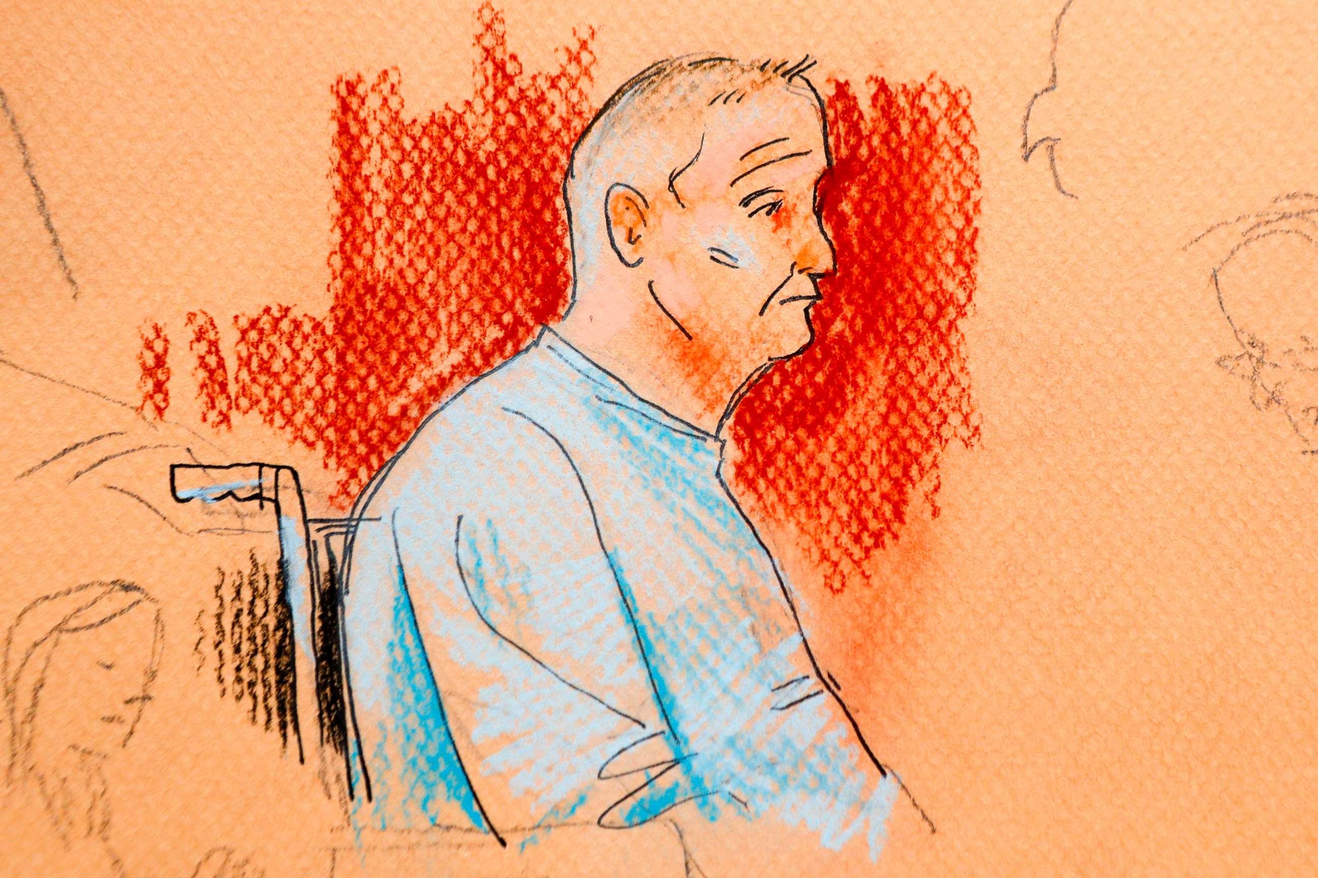 PHOTO: This courtroom sketch depicts Robert Gregory Bowers, who was wounded in a gun battle with police as he appeared in a wheelchair at federal court, Oct. 29, 2018, in Pittsburgh.