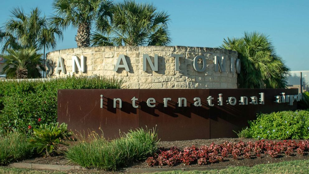 PHOTO: San Antonio International Airport entrance is marked by a sign, May 19, 2020.
