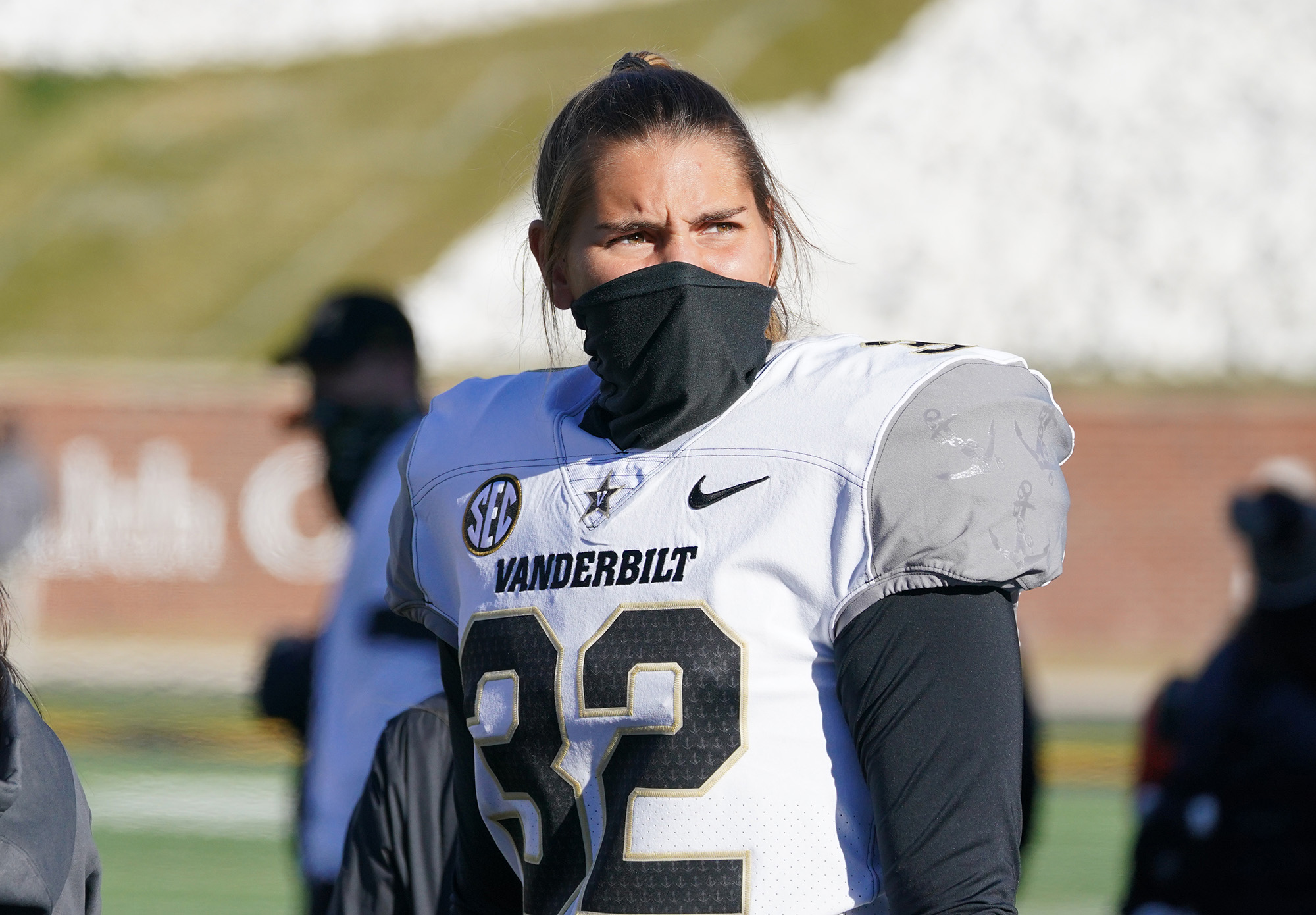 PHOTO:  Vanderbilt Commodores place kicker Sarah Fuller warms up before a game against the Missouri Tigers at Faurot Field at Memorial Stadium, Columbia, Mo., Nov. 28, 2020.