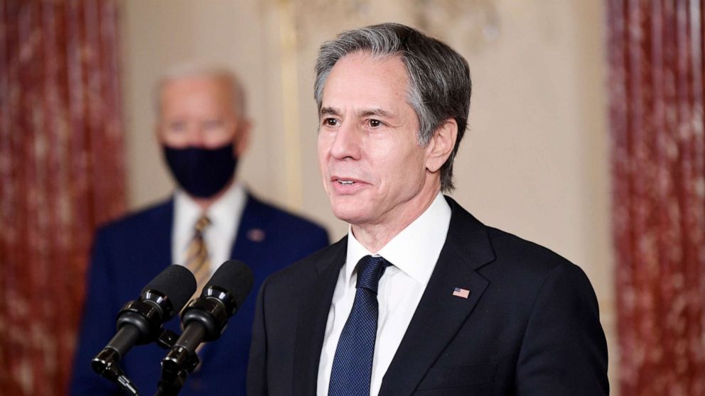 PHOTO: Secretary of State Antony Blinken speaks to staff at the US State Department during the first visit of President Joe Biden in Washington, Feb. 4, 2021.
