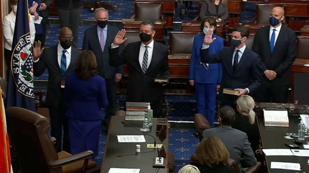 PHOTO: Vice-President Kamala Harris administers the oath of office to Sen. Alex Padilla, Sen. Raphael Warnock, and Sen. Jon Ossoff on the floor of the Senate, Jan. 20, 2021.