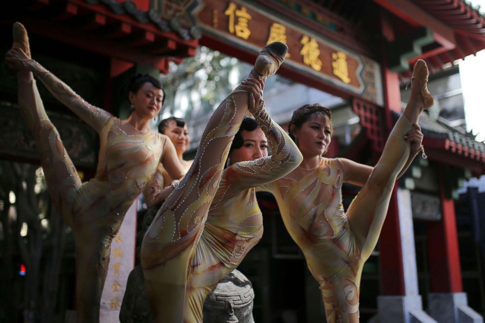 PHOTO: Members of the Qinghai Acrobatic Troupe perform during a media preview for the world premiere of cabaret show 'Shanghai Mimi' as part of Sydney Festival in Chinatown in Sydney, Australia, Jan. 8, 2019. 