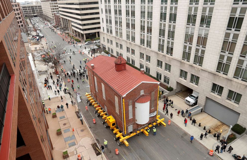 PHOTO: Washington's first and oldest synagogue, Adas Israel Synagogue, is moved via a remote controlled platform to its new location where it will become be the cornerstone of the Capital Jewish Museum on 3rd St. NW in Washington, DC, Jan. 9, 2019.