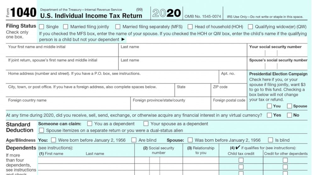 PHOTO: A 2020 Tax 1040 form is seen in a handout from the Internal Revenue Service.