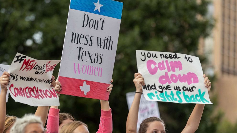 PHOTO: People take part in the Women's March ATX rally at the State Capitol in Austin, Texas, Oct. 2, 2021.
