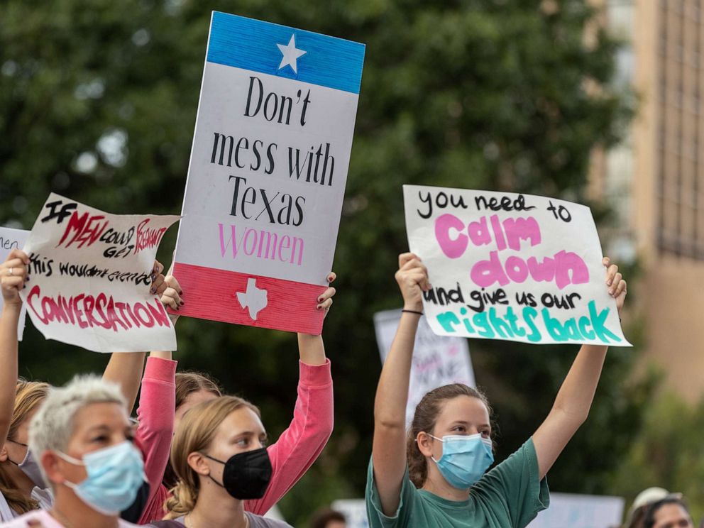 PHOTO: People take part in the Women's March ATX rally at the State Capitol in Austin, Texas, Oct. 2, 2021.