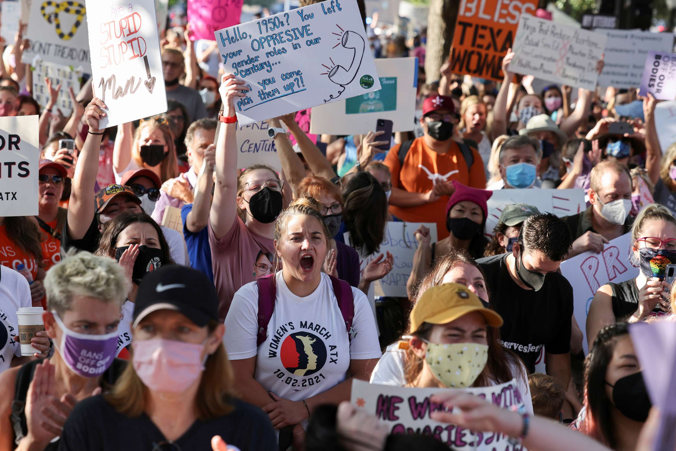 PHOTO: Women's rights advocates take part in the nationwide Women's March, held after Texas rolled out a near-total ban on abortion procedures and access to abortion-inducing medications, in Austin, Texas, Oct. 2, 2021.