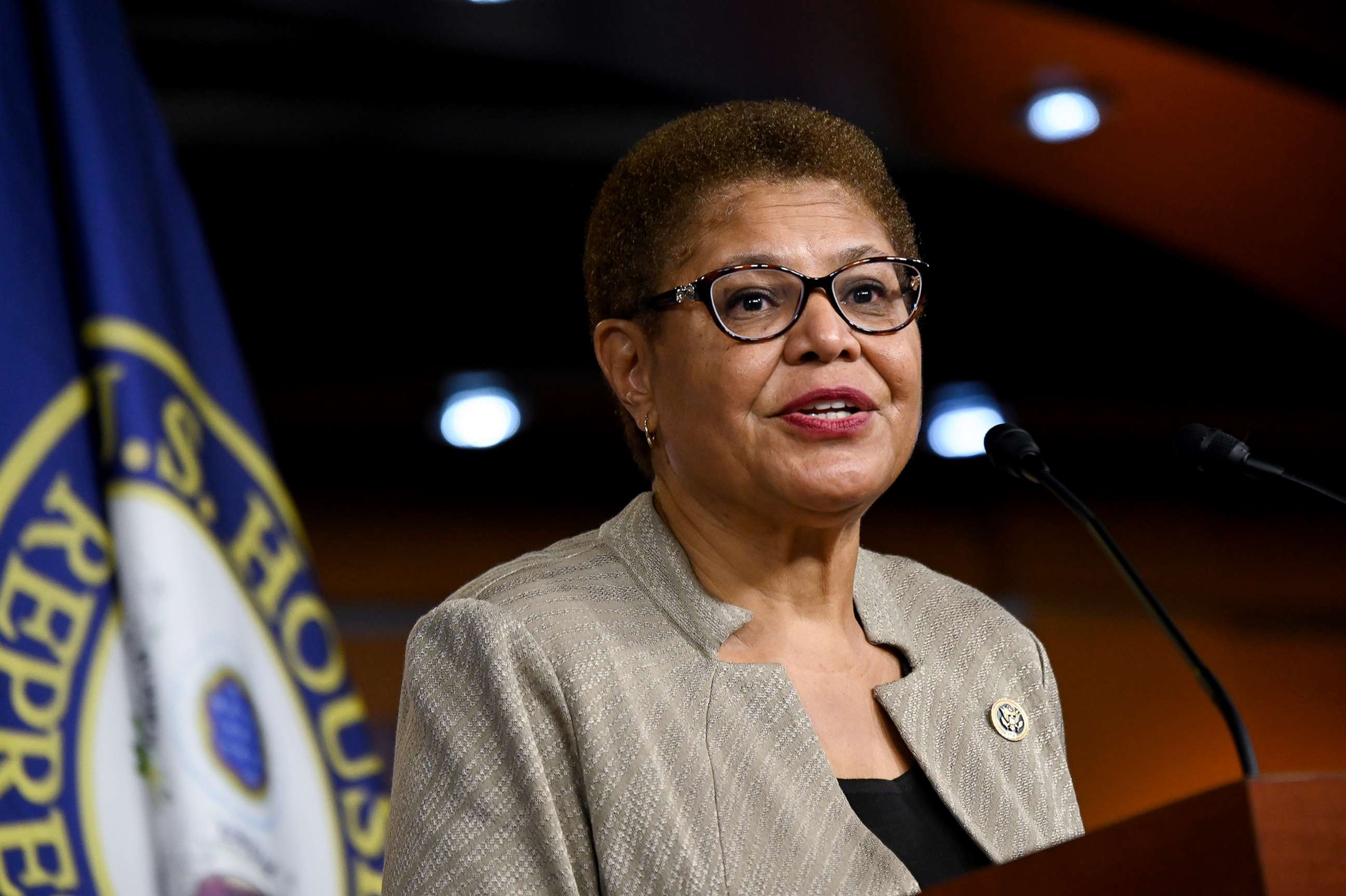 PHOTO: Rep. Karen Bass speaks during a news conference on Capitol Hill, July 1, 2020. 