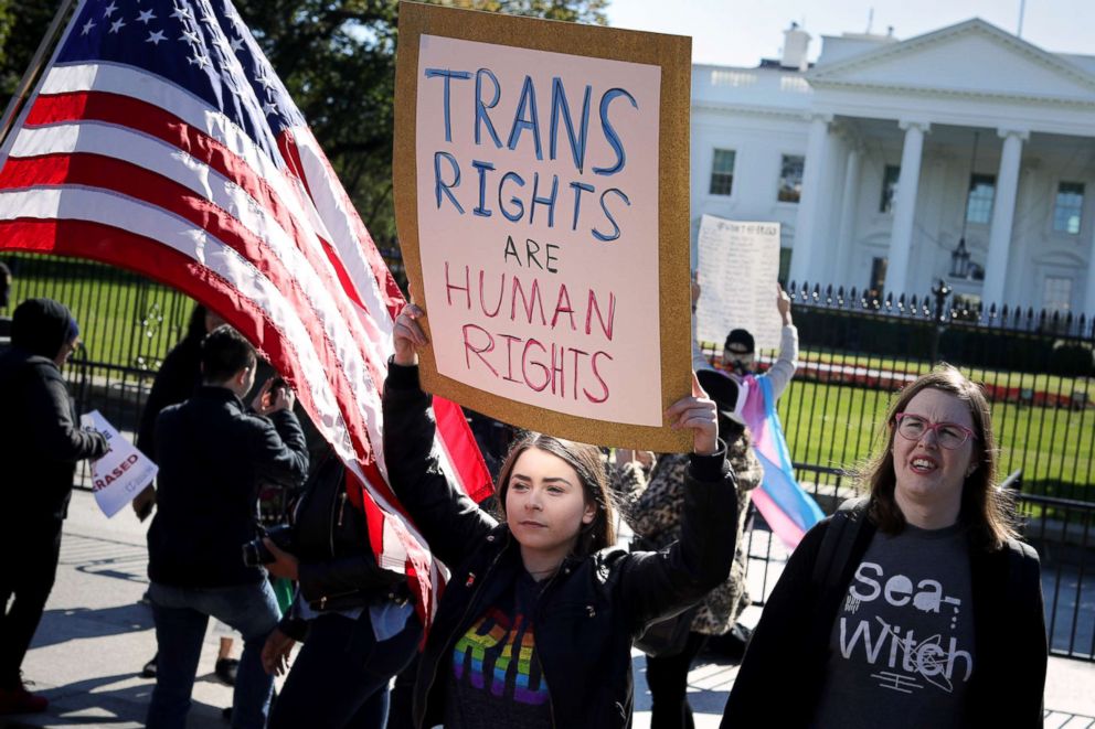 PHOTO: L.G.B.T. activists from the National Center for Transgender Equality, partner organizations and their supporters hold a 'We Will Not Be Erased' rally in front of the White House, Oct. 22, 2018, in Washington, DC.