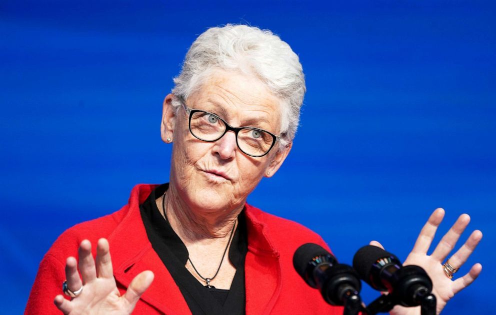 PHOTO: Gina Mccarthy, President-elect Joe Biden's nominee for National Climate Adviser, speaks after Biden announced her nomination among another round of nominees and appointees for his administration in Wilmington, Del.., Dec. 19, 2020. 