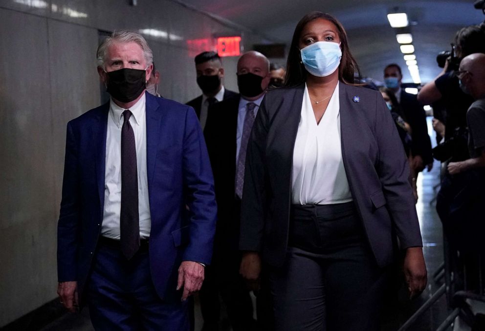 PHOTO: Cyrus Roberts Vance Jr. District Attorney of New York County and New York State Attorney General Letitia James arrive in court for the hearing of Allen Weisselberg at the criminal court in lower Manhattan in New York, July 1, 2021.