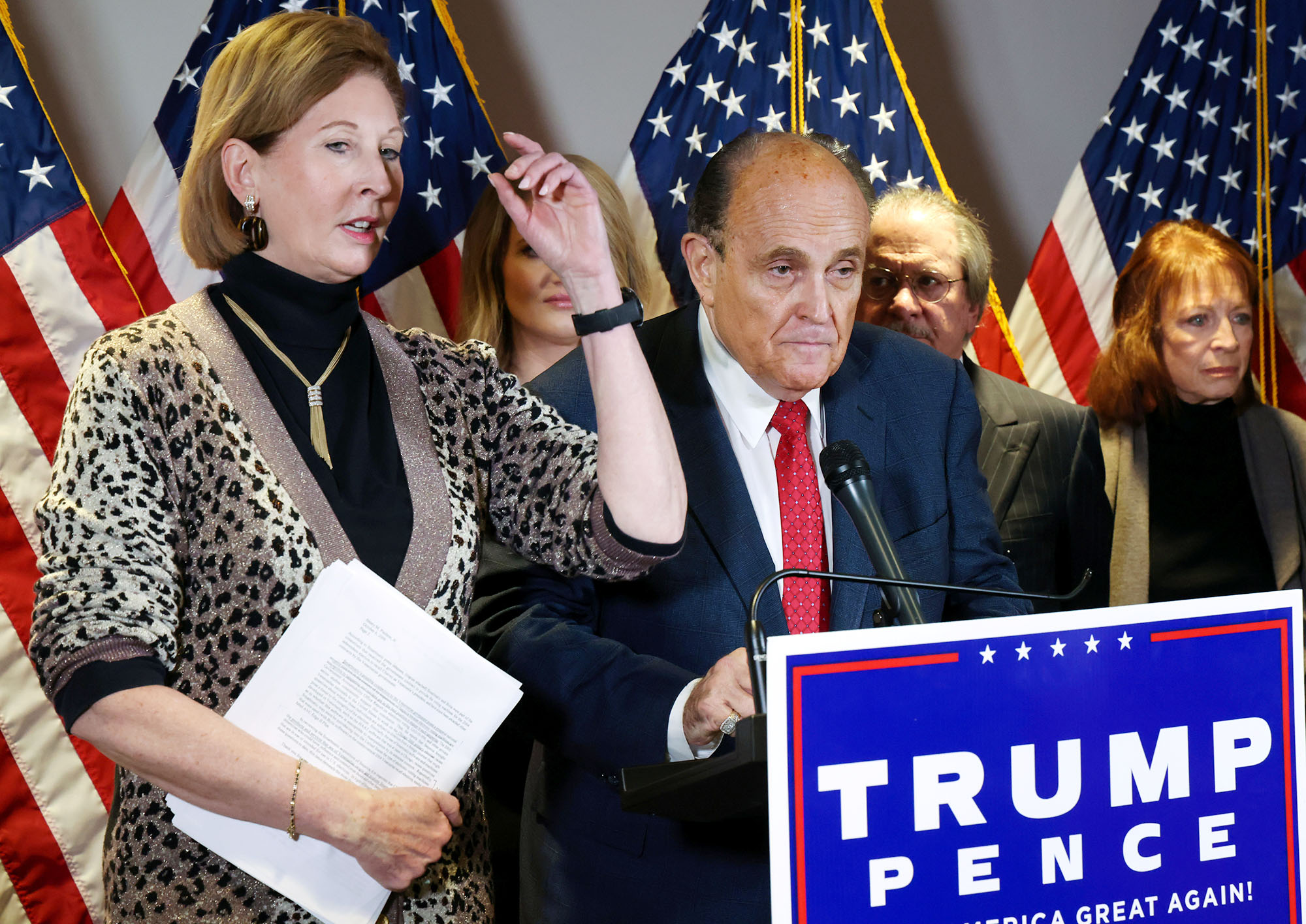 PHOTO: Attorneys Sidney Powell and Rudy Giuliani hold a press conference at the Republican National Committee headquarters in Washington, Nov. 19, 2020.