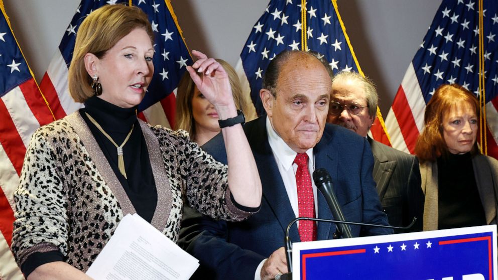 PHOTO: Attorneys Sidney Powell and Rudy Giuliani hold a press conference at the Republican National Committee headquarters in Washington, Nov. 19, 2020.