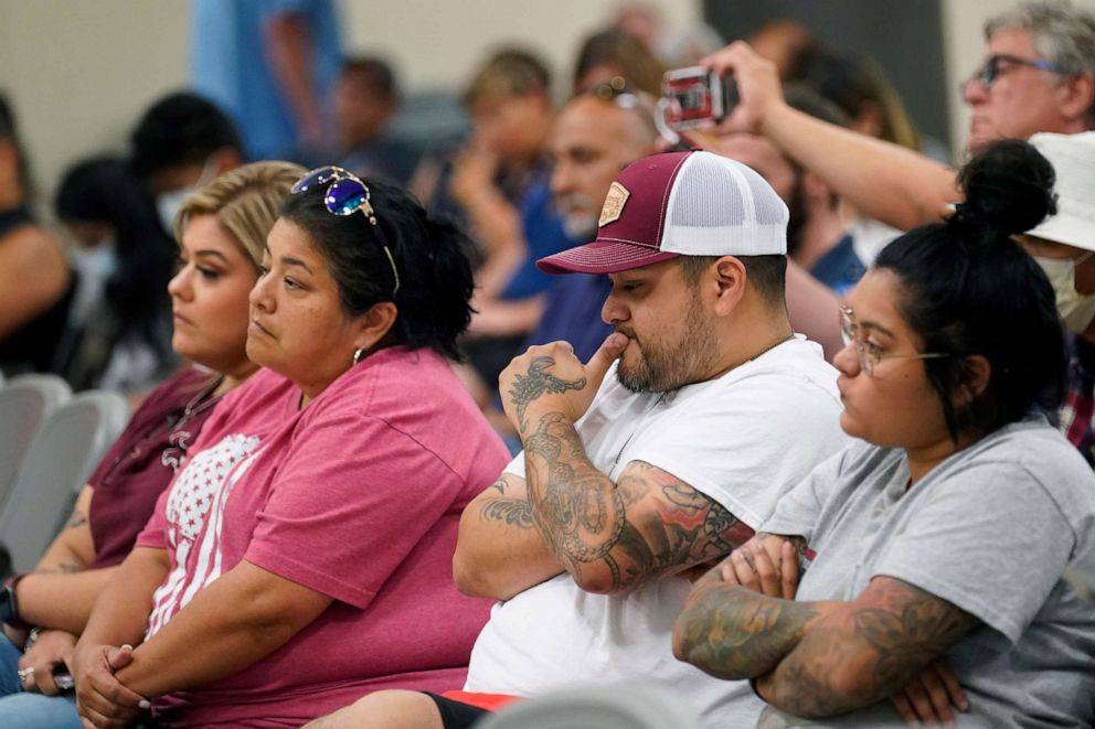 PHOTO: Family of shooting victims listen to the Texas House investigative committee release its full report on the shootings at Robb Elementary School, July 17, 2022, in Uvalde, Texas.  