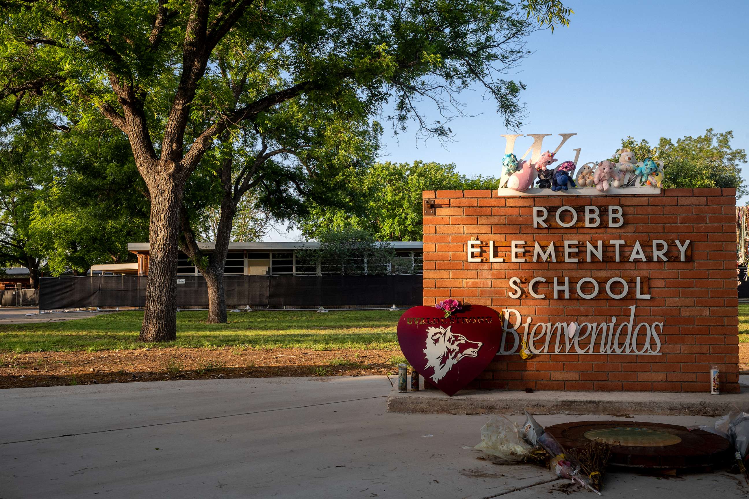 PHOTO: A memorial dedicated to the 19 children and two adults murdered on May 24, 2022 during the mass shooting at Robb Elementary School is seen on April 27, 2023, in Uvalde, Texas.