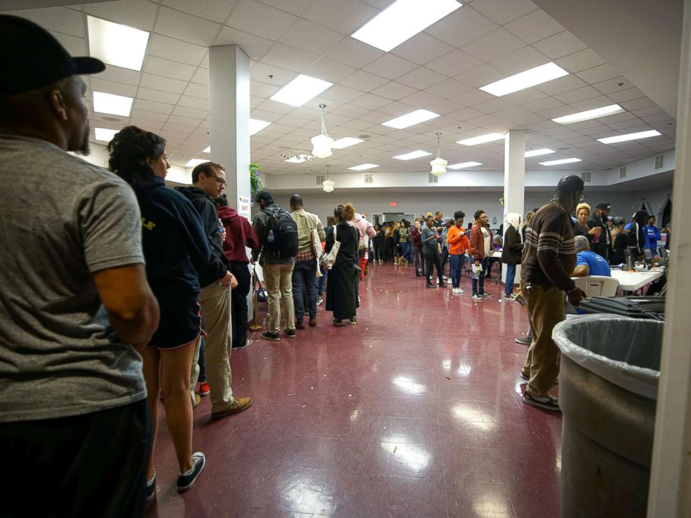 PHOTO: A long line remains past the 7 pm cut off for midterm elections at Liberty Baptist Church in Atlanta, Nov. 6, 2018.