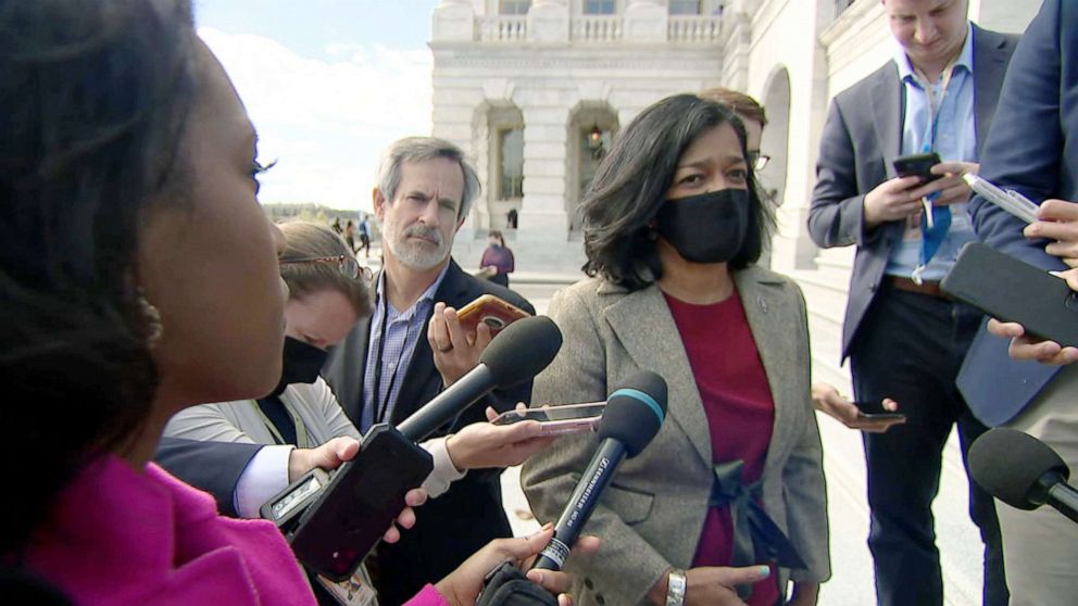 PHOTO: Rep. Pramila Jayapal speaks with reporters outside the Capitol, Oct. 27, 2021.