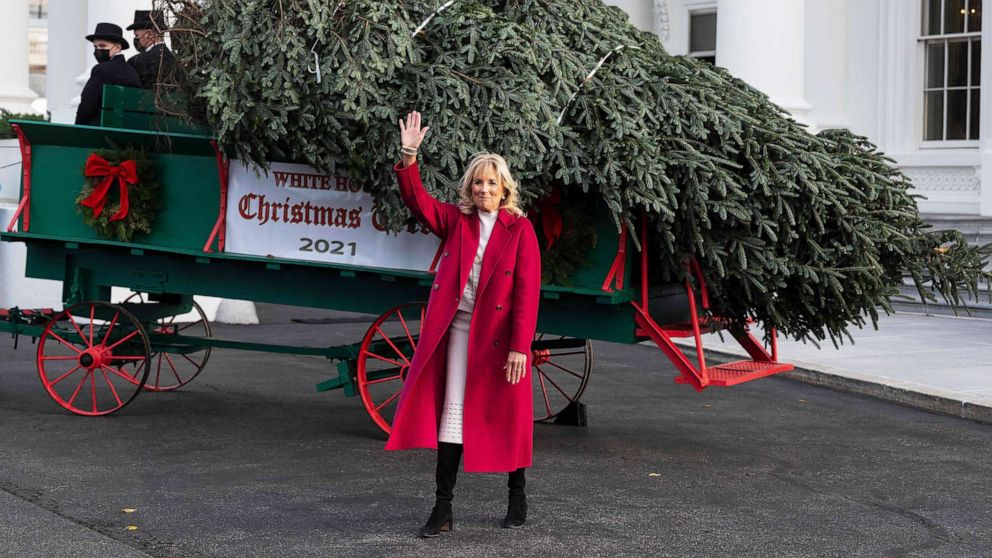 PHOTO: First lady Jill Biden kicked off the holiday season in the nation's capital on Monday by accepting delivery of the official White House Christmas tree.