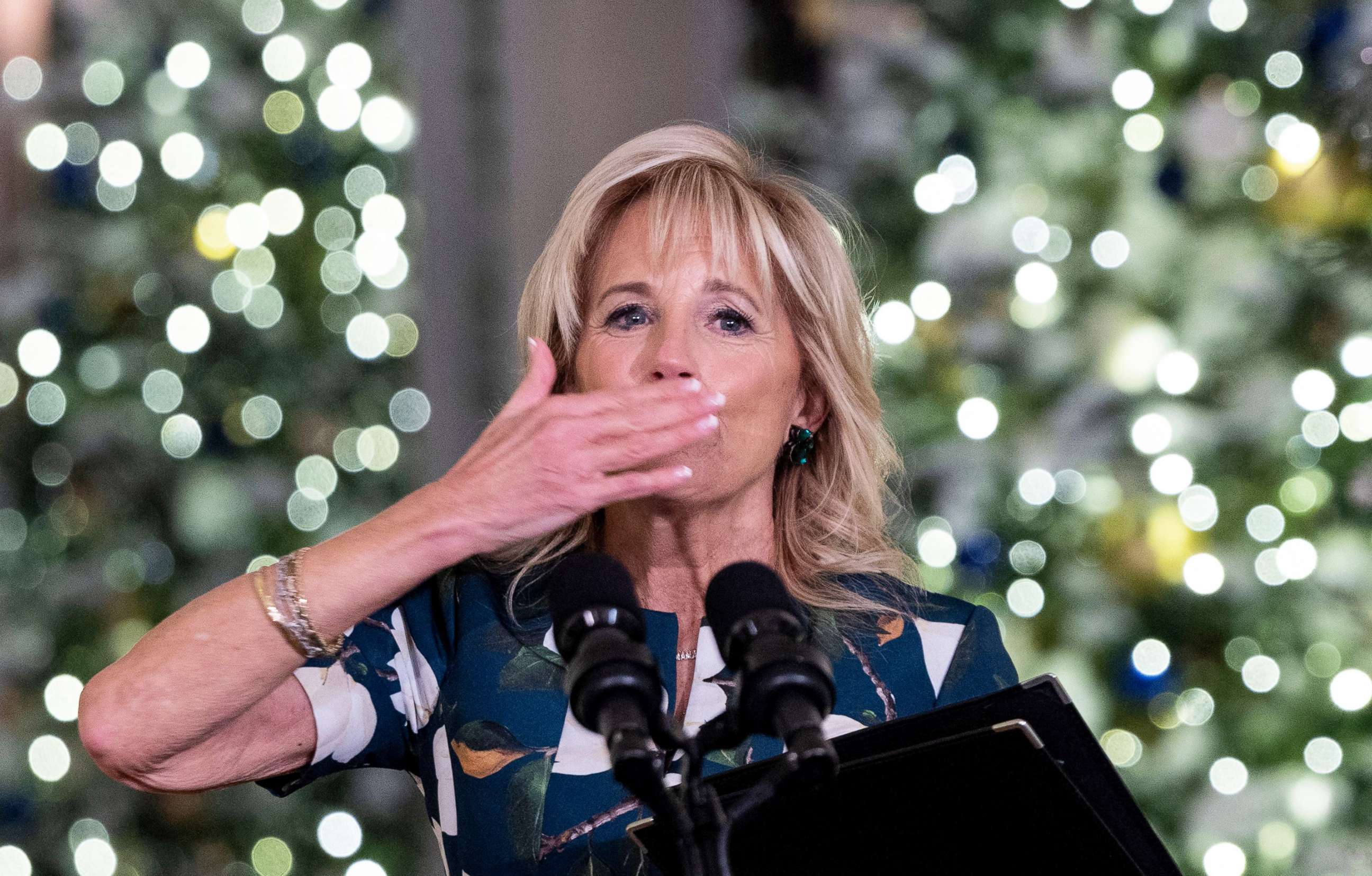 PHOTO: First Lady Jill Biden speaks during an event, to thank the volunteers from the area who helped decorate the White House for the holiday, in the East Room of at the White House, Nov. 29, 2021. 